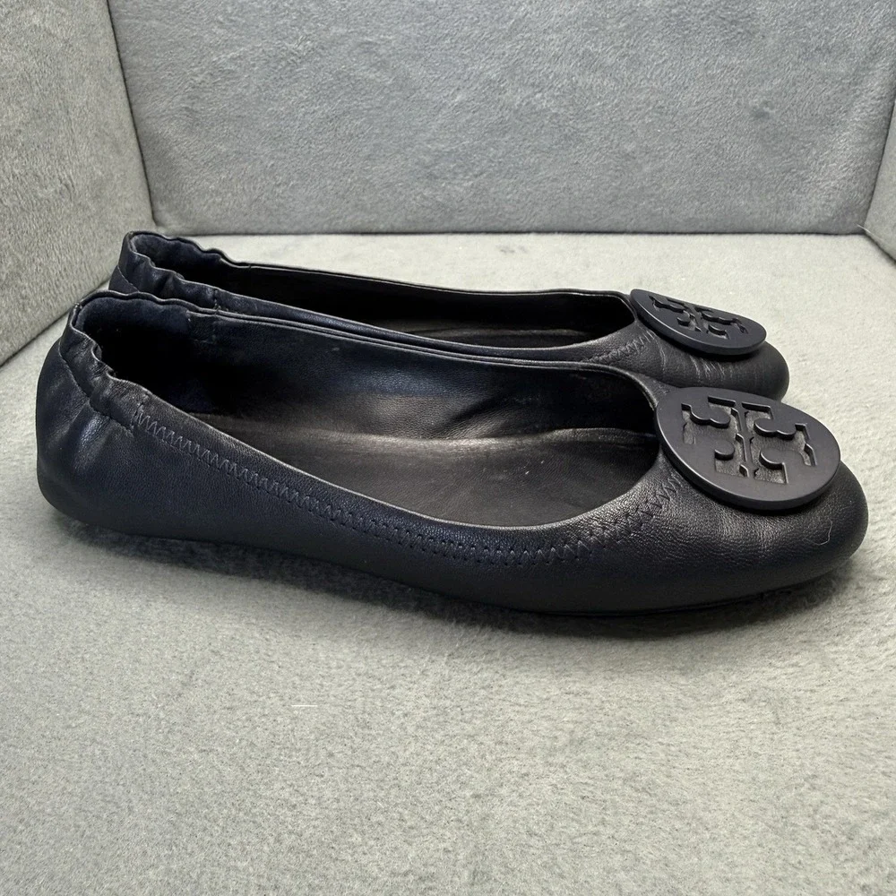 Tory Burch Minnie Travel Ballet Flats Women's 7.5 Navy Blue Leather Logo Shoes